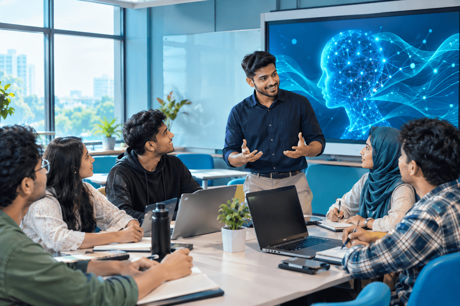 Learners studying AI with a mentor in the Academy
